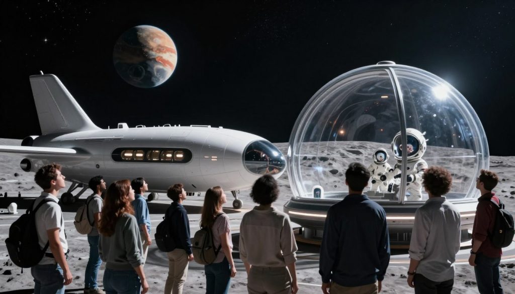 A futuristic scene depicting space tourism possibilities. In the foreground, a diverse group of tourists in casual yet modest space suits, with helmets off, express excitement and awe while gazing at a transparent dome showcasing the lunar landscape. The middle ground features a sleek spacecraft designed for lunar travel, with glowing lights and modern aesthetics. In the background, the Earth is visible in the vastness of space, surrounded by sparkling stars and distant planets like Mars and Venus. The lighting is dramatic, emphasizing the contrast between the dark void of space and the illuminated spacecraft. The atmosphere is one of wonder and discovery, hinting at the thrilling adventures that await in outer space. A futuristic scene depicting space tourism possibilities. In the foreground, a diverse group of tourists in casual yet modest space suits, with helmets off, express excitement and awe while gazing at a transparent dome showcasing the lunar landscape. The middle ground features a sleek spacecraft designed for lunar travel, with glowing lights and modern aesthetics. In the background, the Earth is visible in the vastness of space, surrounded by sparkling stars and distant planets like Mars and Venus. The lighting is dramatic, emphasizing the contrast between the dark void of space and the illuminated spacecraft. The atmosphere is one of wonder and discovery, hinting at the thrilling adventures that await in outer space.