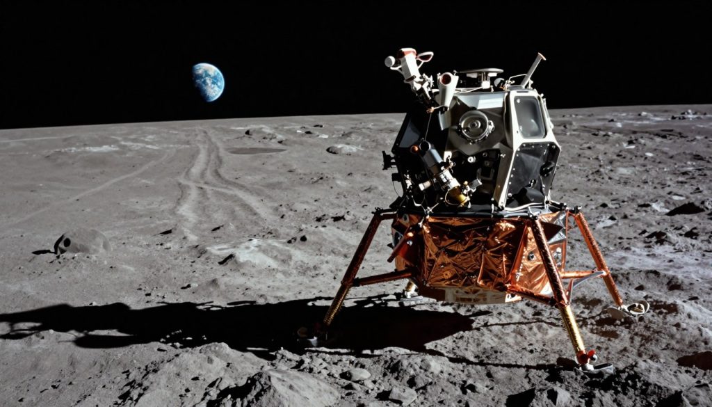 A lunar landing scene featuring a moon lander module in the foreground, equipped with detailed scientific instruments and landing gear, resting on the gray, rocky lunar surface. In the middle ground, a dusty trail leads towards the horizon, where a distant Earth can be seen glowing in the background. The scene is illuminated by stark, dramatic lighting that casts long shadows, highlighting the craters and rugged terrain. The perspective is low and angled up toward the spacecraft, emphasizing its size against the vastness of space. The mood is one of awe and discovery, capturing the historic moment of lunar exploration amidst the stark beauty of the Moon’s landscape. A lunar landing scene featuring a moon lander module in the foreground, equipped with detailed scientific instruments and landing gear, resting on the gray, rocky lunar surface. In the middle ground, a dusty trail leads towards the horizon, where a distant Earth can be seen glowing in the background. The scene is illuminated by stark, dramatic lighting that casts long shadows, highlighting the craters and rugged terrain. The perspective is low and angled up toward the spacecraft, emphasizing its size against the vastness of space. The mood is one of awe and discovery, capturing the historic moment of lunar exploration amidst the stark beauty of the Moon’s landscape.
