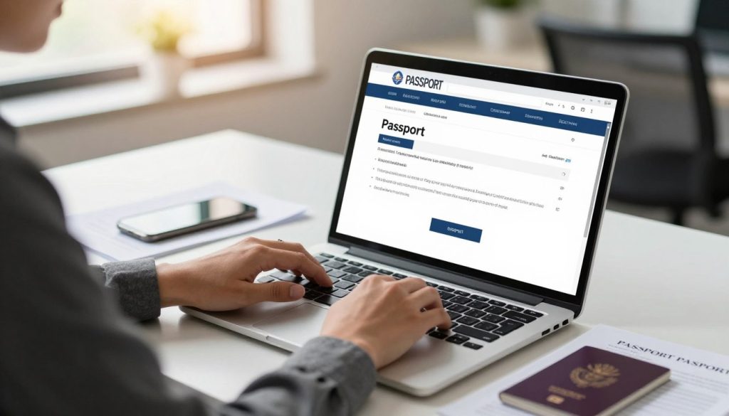 A person in professional business attire sitting at a modern desk, focused on a laptop displaying a passport status website. The foreground features the person's hands typing, with a partial view of the passport beside the laptop. In the middle, the desk is cluttered with essential items like a phone and papers related to passport services. The background shows a softly blurred office environment with warm, natural lighting coming through a window, creating a calm and informative atmosphere. The overall mood is one of diligence and anticipation, emphasizing the process of checking a passport status online while avoiding distractions. A person in professional business attire sitting at a modern desk, focused on a laptop displaying a passport status website. The foreground features the person's hands typing, with a partial view of the passport beside the laptop. In the middle, the desk is cluttered with essential items like a phone and papers related to passport services. The background shows a softly blurred office environment with warm, natural lighting coming through a window, creating a calm and informative atmosphere. The overall mood is one of diligence and anticipation, emphasizing the process of checking a passport status online while avoiding distractions.