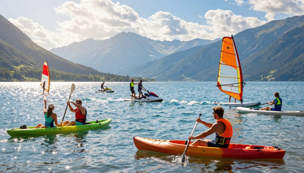 A picturesque summer scene in Murzasichle showcasing a variety of water sports and activities. In the foreground, a vibrant lake with clear blue water where families and friends enjoy kayaking and paddleboarding, dressed in bright, casual summer clothing. In the middle ground, a group of people engaged in windsurfing and jet skiing, capturing their excitement against the glimmering water. The background features majestic mountains under a bright blue sky with fluffy white clouds, enhancing the serene atmosphere. The lighting is warm and inviting, reminiscent of a sunny summer afternoon, casting playful reflections on the water’s surface. The image should evoke a sense of adventure and relaxation, perfect for illustrating summer activities in a stunning natural setting. A picturesque summer scene in Murzasichle showcasing a variety of water sports and activities. In the foreground, a vibrant lake with clear blue water where families and friends enjoy kayaking and paddleboarding, dressed in bright, casual summer clothing. In the middle ground, a group of people engaged in windsurfing and jet skiing, capturing their excitement against the glimmering water. The background features majestic mountains under a bright blue sky with fluffy white clouds, enhancing the serene atmosphere. The lighting is warm and inviting, reminiscent of a sunny summer afternoon, casting playful reflections on the water’s surface. The image should evoke a sense of adventure and relaxation, perfect for illustrating summer activities in a stunning natural setting.