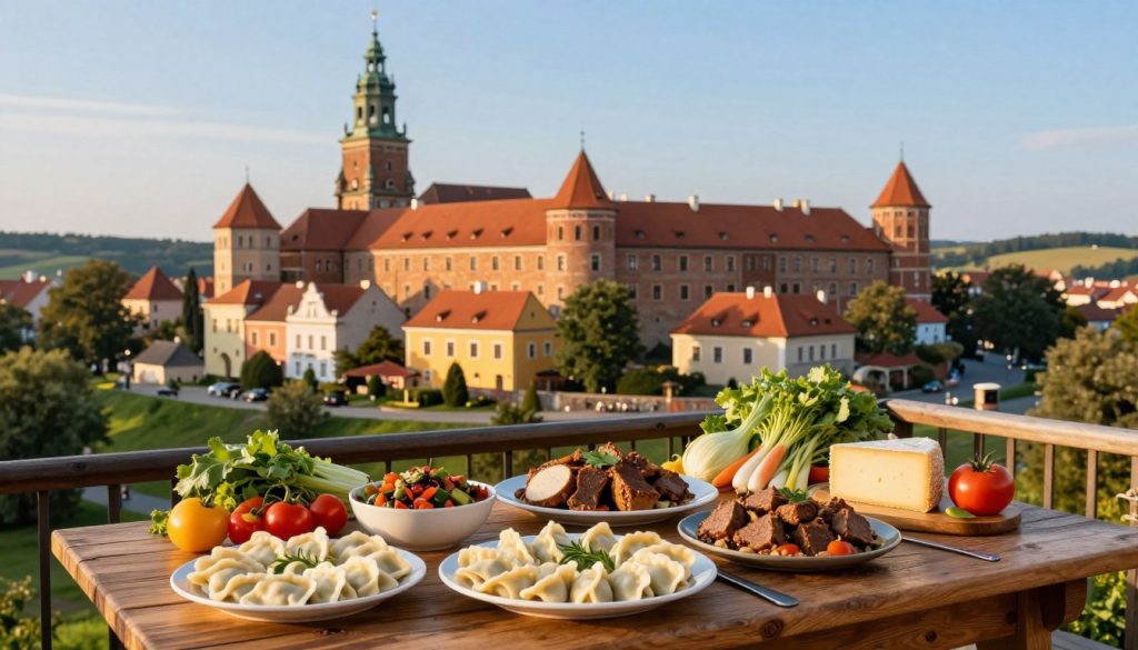 A picturesque view showcasing the tourist attractions and regional dishes of Poland. In the foreground, a rustic wooden table is adorned with traditional Polish dishes like pierogi, bigos, and oscypek cheese, surrounded by vibrant seasonal vegetables. The midground features iconic landmarks such as the Wawel Castle or the colorful houses of Gdańsk, bathed in warm, golden evening light that creates a cozy atmosphere. In the background, lush green hills and a clear blue sky enhance the scenic beauty of the Polish countryside. The composition should evoke a welcoming and festive mood, with a slight depth of field to focus on the dishes while softly blurring the landmarks behind. Use a standard lens with natural lighting to create an inviting and authentic feel. A picturesque view showcasing the tourist attractions and regional dishes of Poland. In the foreground, a rustic wooden table is adorned with traditional Polish dishes like pierogi, bigos, and oscypek cheese, surrounded by vibrant seasonal vegetables. The midground features iconic landmarks such as the Wawel Castle or the colorful houses of Gdańsk, bathed in warm, golden evening light that creates a cozy atmosphere. In the background, lush green hills and a clear blue sky enhance the scenic beauty of the Polish countryside. The composition should evoke a welcoming and festive mood, with a slight depth of field to focus on the dishes while softly blurring the landmarks behind. Use a standard lens with natural lighting to create an inviting and authentic feel.