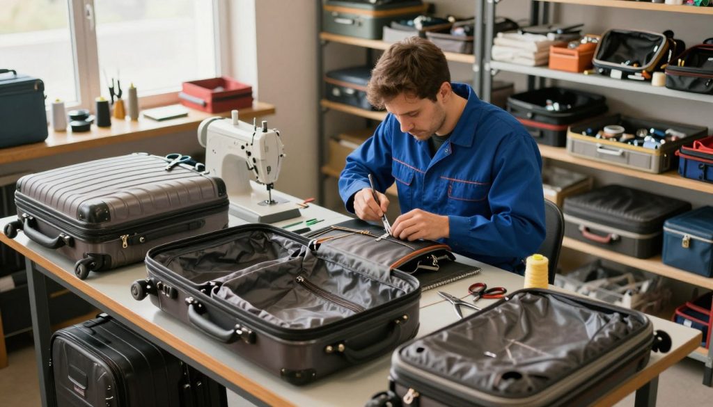 A professional luggage repair workshop showcasing precision tools and equipment. The foreground features a sturdy workbench with a variety of luggage types in need of repair, including suitcases with zippers and handles disassembled. In the middle, a skilled technician in a neat blue work overall is focused on mending a suitcase, surrounded by tools like scissors, thread, and sewing machines. The background contains shelves filled with spare parts and completed items. The scene is illuminated by warm, natural light coming through a window, creating an inviting and industrious atmosphere. The angle is slightly elevated, providing a comprehensive view of the workspace to emphasize the professionalism and efficiency of the service.