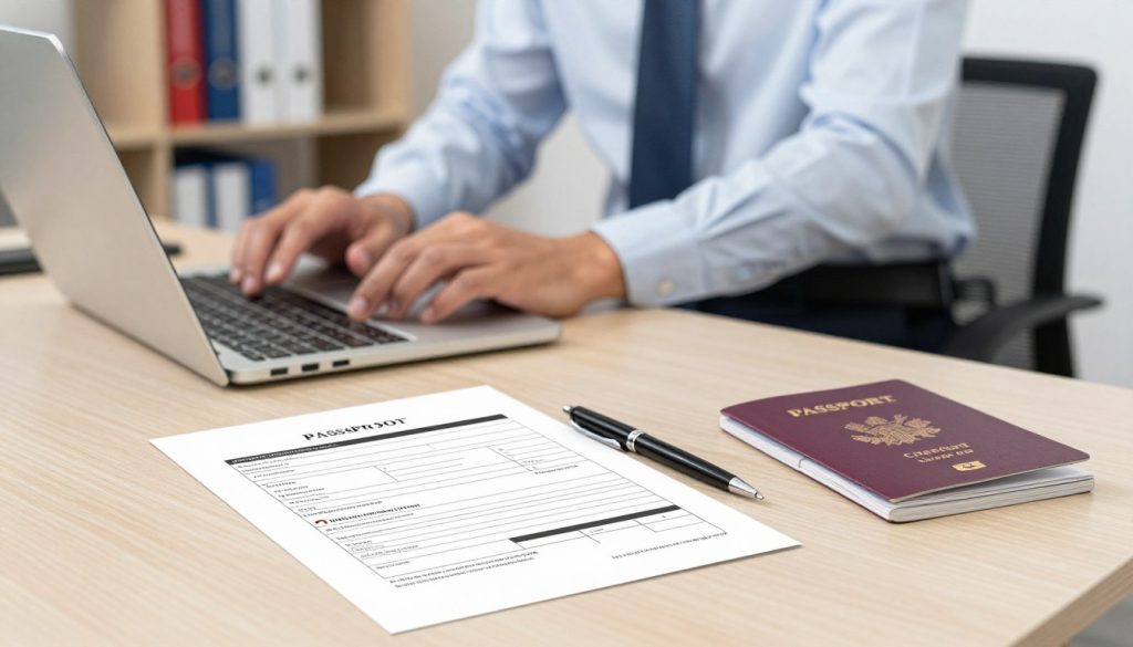 A professional workspace with a focus on document preparation for travel. In the foreground, a neatly organized desk features a passport application form and a national ID registration form, both partially filled out. A sleek black pen lies beside the forms, and a passport book is slightly opened, showcasing pages with security features. In the middle ground, a person in professional attire, such as a smart shirt and slacks, is intently reviewing details on a laptop. The background displays a soft-focus office environment with bookshelves and travel brochures about Switzerland, Romania, and Cyprus, creating a sense of purpose and organization. The lighting is bright and inviting, emphasizing clarity and diligence in document processing. The overall mood is focused and professional. A professional workspace with a focus on document preparation for travel. In the foreground, a neatly organized desk features a passport application form and a national ID registration form, both partially filled out. A sleek black pen lies beside the forms, and a passport book is slightly opened, showcasing pages with security features. In the middle ground, a person in professional attire, such as a smart shirt and slacks, is intently reviewing details on a laptop. The background displays a soft-focus office environment with bookshelves and travel brochures about Switzerland, Romania, and Cyprus, creating a sense of purpose and organization. The lighting is bright and inviting, emphasizing clarity and diligence in document processing. The overall mood is focused and professional.