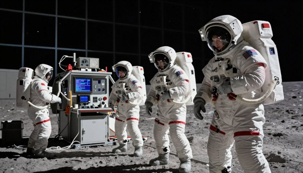 A realistic scene depicting astronaut training preparations for a lunar mission. In the foreground, a diverse group of three astronauts, wearing sleek, modern spacesuits, are engaged in a simulated launch scenario, focusing intently on their tasks. The middle ground features advanced technical equipment, including a control panel with glowing screens and various instruments. In the background, the spacious training facility is visible, with large windows showcasing a starry sky. Bright, dynamic lighting highlights the astronauts while casting soft shadows, creating a mood of determination and focus. The angle is slightly low to give a sense of grandeur to the scene, emphasizing the importance of their mission to the Moon. A realistic scene depicting astronaut training preparations for a lunar mission. In the foreground, a diverse group of three astronauts, wearing sleek, modern spacesuits, are engaged in a simulated launch scenario, focusing intently on their tasks. The middle ground features advanced technical equipment, including a control panel with glowing screens and various instruments. In the background, the spacious training facility is visible, with large windows showcasing a starry sky. Bright, dynamic lighting highlights the astronauts while casting soft shadows, creating a mood of determination and focus. The angle is slightly low to give a sense of grandeur to the scene, emphasizing the importance of their mission to the Moon.