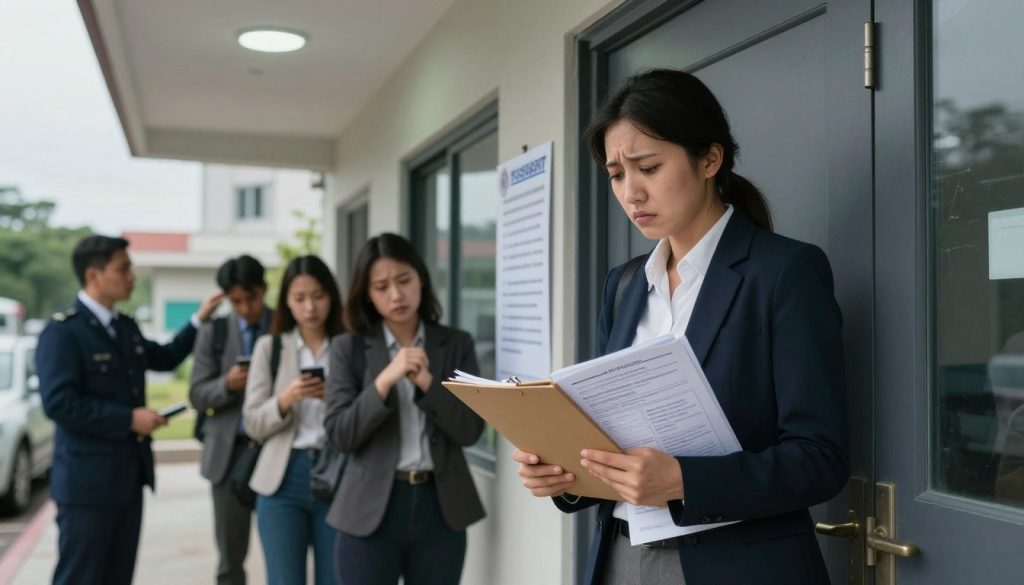 A scene depicting a stressed individual standing in front of a government office, focusing on the emotions of confusion and frustration related to passport pickup problems. The person, dressed in professional business attire, is holding a folder filled with documents, looking at the closed door with a worried expression. In the background, there is a queue of similarly anxious people, some checking their watches, while a civil servant appears empathetic, gesturing to a sign with instructions. The scene is illuminated with soft overhead lighting to create a somber but realistic atmosphere, shot from a slightly low angle to emphasize the building's imposing structure. The sky outside is overcast, enhancing the mood of uncertainty and tension. A scene depicting a stressed individual standing in front of a government office, focusing on the emotions of confusion and frustration related to passport pickup problems. The person, dressed in professional business attire, is holding a folder filled with documents, looking at the closed door with a worried expression. In the background, there is a queue of similarly anxious people, some checking their watches, while a civil servant appears empathetic, gesturing to a sign with instructions. The scene is illuminated with soft overhead lighting to create a somber but realistic atmosphere, shot from a slightly low angle to emphasize the building's imposing structure. The sky outside is overcast, enhancing the mood of uncertainty and tension.