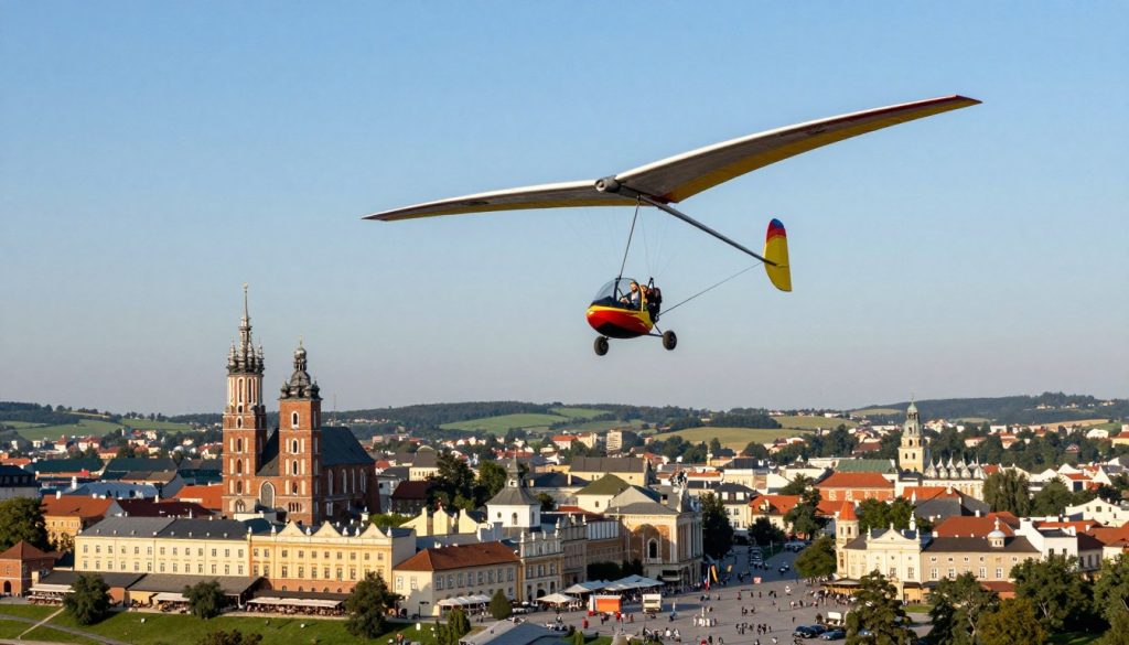 A serene landscape showcasing a glider soaring over the picturesque cityscape of Kraków, Poland. In the foreground, the glider is depicted in vibrant colors, with its wings spread majestically against a clear blue sky. Below, the historical architecture of Kraków is visible, including the iconic Wawel Castle and the bustling market square, offering a sense of scale and context. In the background, rolling green hills stretch into the distance under soft, diffused sunlight, creating an inviting and tranquil atmosphere. The image captures the excitement of soaring through the sky, evoking a sense of adventure and freedom, while emphasizing the allure of gliding experiences in Poland. The angle is slightly elevated, providing a bird's-eye view that enhances the depth of the scene, making it captivating for readers. A serene landscape showcasing a glider soaring over the picturesque cityscape of Kraków, Poland. In the foreground, the glider is depicted in vibrant colors, with its wings spread majestically against a clear blue sky. Below, the historical architecture of Kraków is visible, including the iconic Wawel Castle and the bustling market square, offering a sense of scale and context. In the background, rolling green hills stretch into the distance under soft, diffused sunlight, creating an inviting and tranquil atmosphere. The image captures the excitement of soaring through the sky, evoking a sense of adventure and freedom, while emphasizing the allure of gliding experiences in Poland. The angle is slightly elevated, providing a bird's-eye view that enhances the depth of the scene, making it captivating for readers.