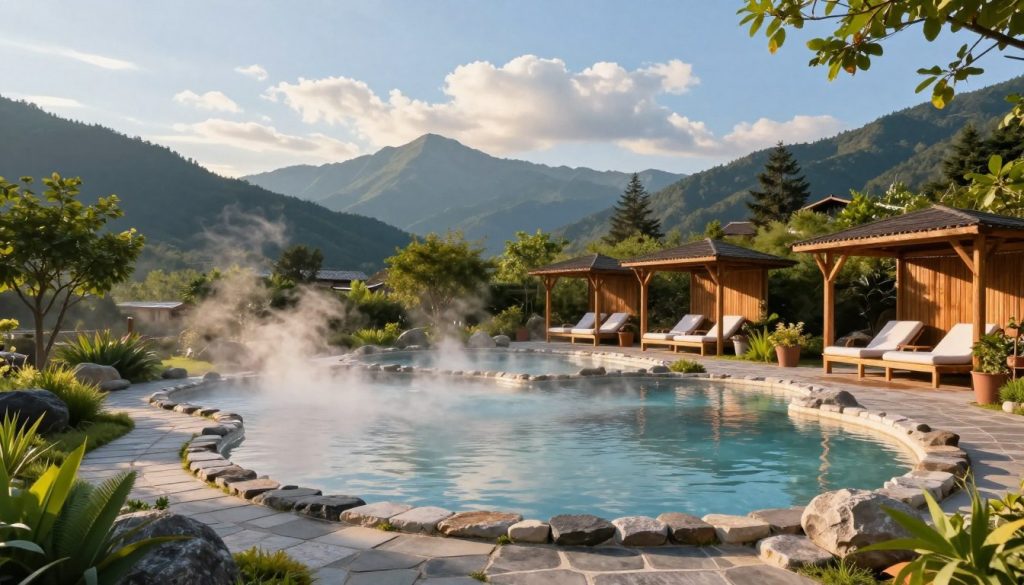 A serene landscape showcasing the Termy Chochołowskie thermal baths nestled in the mountains. In the foreground, visualize gently steaming outdoor pools surrounded by lush greenery, with natural stone pathways leading to the water's edge. The middle ground features wooden cabanas and cozy lounge areas, inviting relaxation. In the background, majestic mountains under a clear blue sky with soft, fluffy clouds, hinting at tranquility and nature's beauty. The scene is illuminated by warm, golden sunlight, creating a peaceful and inviting atmosphere. Capture this idyllic retreat for well-being and relaxation, emphasizing the harmony between nature and wellness. Ensure there are no people depicted engaged in any inappropriate attire or activities. A serene landscape showcasing the Termy Chochołowskie thermal baths nestled in the mountains. In the foreground, visualize gently steaming outdoor pools surrounded by lush greenery, with natural stone pathways leading to the water's edge. The middle ground features wooden cabanas and cozy lounge areas, inviting relaxation. In the background, majestic mountains under a clear blue sky with soft, fluffy clouds, hinting at tranquility and nature's beauty. The scene is illuminated by warm, golden sunlight, creating a peaceful and inviting atmosphere. Capture this idyllic retreat for well-being and relaxation, emphasizing the harmony between nature and wellness. Ensure there are no people depicted engaged in any inappropriate attire or activities.