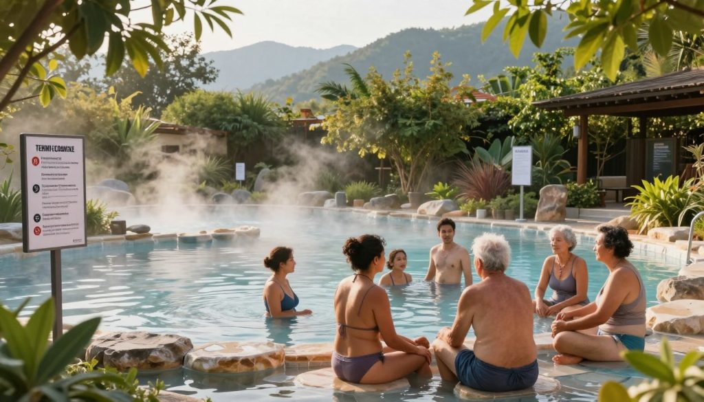 A serene thermal bath setting within Termy Chochołowskie, showcasing safety guidelines. In the foreground, a group of diverse adults in modest casual clothing, engaged in discussions about safety rules, surrounded by foliage. The middle ground features steaming thermal pools with natural stone edges, with clear water reflecting the tranquil environment. In the background, lush greenery and distant mountains create a peaceful atmosphere. The lighting is warm and inviting, simulating late afternoon sunshine filtering through trees. Capture a wide-angle view to emphasize the inviting nature of the thermal baths, conveying a sense of relaxation and compliance with safety protocols. The overall mood is calm, encouraging wellness and tranquility. A serene thermal bath setting within Termy Chochołowskie, showcasing safety guidelines. In the foreground, a group of diverse adults in modest casual clothing, engaged in discussions about safety rules, surrounded by foliage. The middle ground features steaming thermal pools with natural stone edges, with clear water reflecting the tranquil environment. In the background, lush greenery and distant mountains create a peaceful atmosphere. The lighting is warm and inviting, simulating late afternoon sunshine filtering through trees. Capture a wide-angle view to emphasize the inviting nature of the thermal baths, conveying a sense of relaxation and compliance with safety protocols. The overall mood is calm, encouraging wellness and tranquility.