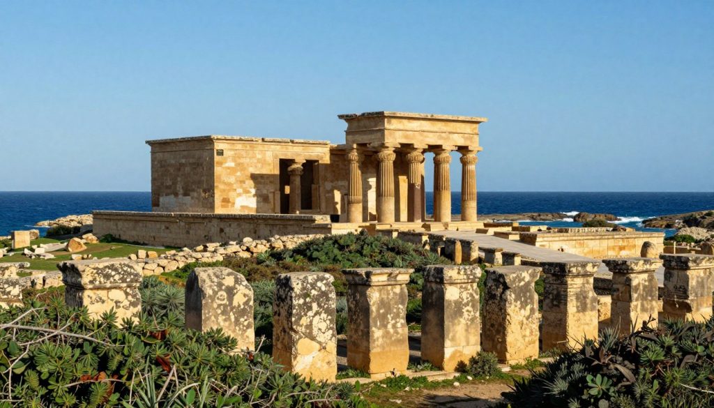 A stunning view of a UNESCO World Heritage Site in Malta, featuring the ancient Megalithic Temples of Ħaġar Qim. In the foreground, intricate stone structures parallel to lush Mediterranean vegetation, displaying weathered stones bathed in warm sunlight. In the middle ground, a serene landscape showcasing the temple's massive limestone blocks, with soft shadows highlighting their ancient craftsmanship. The background reveals a clear blue sky stretching over the azure coast, with gentle waves lapping at the rocky shoreline. The image captures a tranquil atmosphere, evoking a sense of timeless history and cultural significance. Use natural lighting to enhance the colors and textures, with a wide-angle perspective to encompass the grandeur of this historic site. A stunning view of a UNESCO World Heritage Site in Malta, featuring the ancient Megalithic Temples of Ħaġar Qim. In the foreground, intricate stone structures parallel to lush Mediterranean vegetation, displaying weathered stones bathed in warm sunlight. In the middle ground, a serene landscape showcasing the temple's massive limestone blocks, with soft shadows highlighting their ancient craftsmanship. The background reveals a clear blue sky stretching over the azure coast, with gentle waves lapping at the rocky shoreline. The image captures a tranquil atmosphere, evoking a sense of timeless history and cultural significance. Use natural lighting to enhance the colors and textures, with a wide-angle perspective to encompass the grandeur of this historic site.