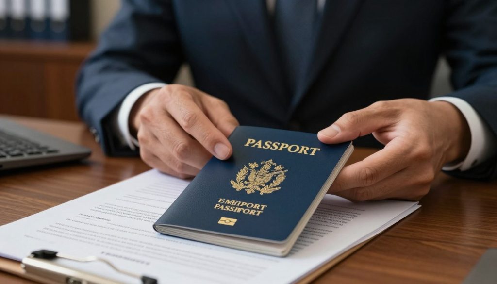 A temporary passport for emergencies prominently displayed in the foreground, resting on an official document on a polished wooden desk. In the middle ground, a pair of hands in professional business attire delicately holding the passport, symbolizing the process of retrieval. The background features a government office environment with dim, warm lighting, and subtle hints of shelves filled with travel regulations and forms, creating a serious yet hopeful atmosphere. The camera angle is slightly above eye level, capturing the details of the passport and the hands, emphasizing the significance of obtaining documentation in urgent situations. The overall mood is focused and professional, reflecting a sense of urgency and importance. A temporary passport for emergencies prominently displayed in the foreground, resting on an official document on a polished wooden desk. In the middle ground, a pair of hands in professional business attire delicately holding the passport, symbolizing the process of retrieval. The background features a government office environment with dim, warm lighting, and subtle hints of shelves filled with travel regulations and forms, creating a serious yet hopeful atmosphere. The camera angle is slightly above eye level, capturing the details of the passport and the hands, emphasizing the significance of obtaining documentation in urgent situations. The overall mood is focused and professional, reflecting a sense of urgency and importance.