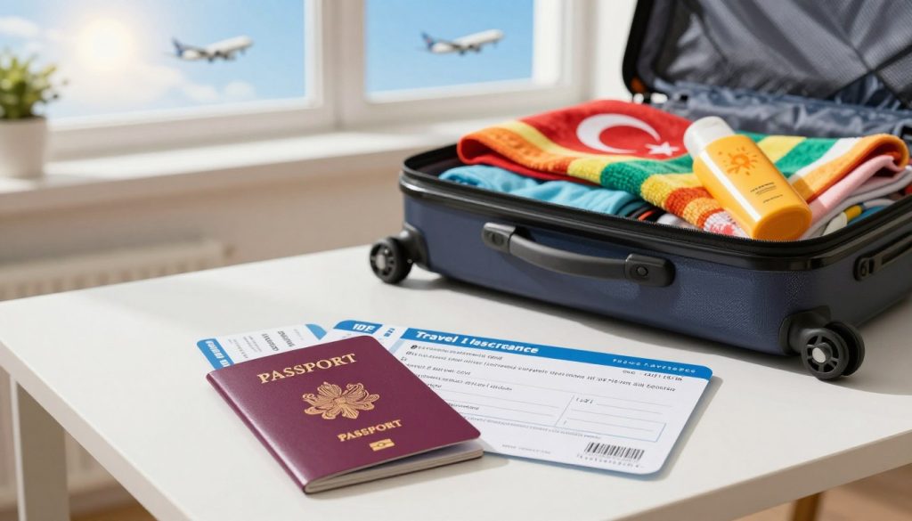 A vibrant and organized workspace is depicted, featuring a neatly arranged table with essential travel documents, such as a passport, flight tickets, and a travel insurance policy, all placed prominently in the foreground. In the middle ground, there is a stylish suitcase packed with clothes and travel essentials for a trip to Turkey, showcasing a colorful beach towel and sunscreen. Behind the table, a window reveals a sunny sky with a plane in the distance, symbolizing travel. The lighting is bright and cheerful, casting soft shadows, evoking a sense of excitement and preparation. The atmosphere is focused and productive, capturing the essence of getting ready for a journey to Antalya, Alanya, or Bodrum. A vibrant and organized workspace is depicted, featuring a neatly arranged table with essential travel documents, such as a passport, flight tickets, and a travel insurance policy, all placed prominently in the foreground. In the middle ground, there is a stylish suitcase packed with clothes and travel essentials for a trip to Turkey, showcasing a colorful beach towel and sunscreen. Behind the table, a window reveals a sunny sky with a plane in the distance, symbolizing travel. The lighting is bright and cheerful, casting soft shadows, evoking a sense of excitement and preparation. The atmosphere is focused and productive, capturing the essence of getting ready for a journey to Antalya, Alanya, or Bodrum.