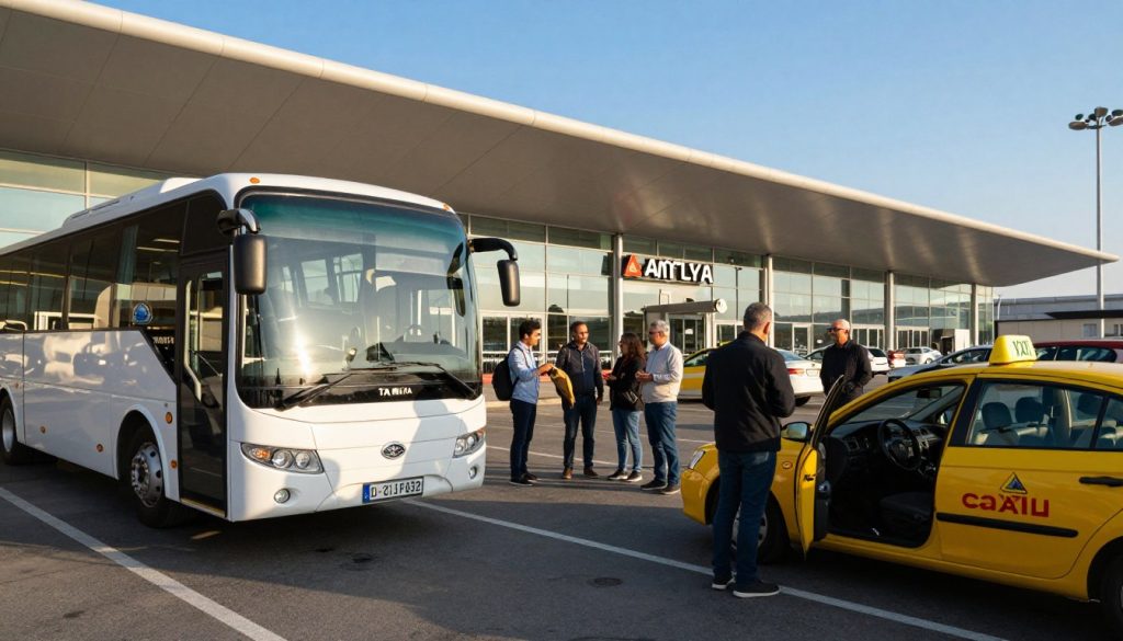 A vibrant scene at Antalya Airport showcasing various transport options available for travelers. In the foreground, a professional-looking shuttle bus with a sleek design is parked ready to pick up passengers. Nearby, a taxi stands with its door open, waiting for its next fare. In the middle ground, a group of travelers, dressed in casual yet respectable clothing, are seen discussing transportation options, while a friendly local vendor offers information about the destinations. The background features the modern architecture of Antalya Airport, bathed in warm sunlight, creating an inviting atmosphere. The sky is clear blue, enhancing the sense of a bright, sunny day. The image is captured from a slightly elevated angle, giving a comprehensive view of the bustling transport scene, reflecting a sense of excitement and adventure for those arriving in Turkey. A vibrant scene at Antalya Airport showcasing various transport options available for travelers. In the foreground, a professional-looking shuttle bus with a sleek design is parked ready to pick up passengers. Nearby, a taxi stands with its door open, waiting for its next fare. In the middle ground, a group of travelers, dressed in casual yet respectable clothing, are seen discussing transportation options, while a friendly local vendor offers information about the destinations. The background features the modern architecture of Antalya Airport, bathed in warm sunlight, creating an inviting atmosphere. The sky is clear blue, enhancing the sense of a bright, sunny day. The image is captured from a slightly elevated angle, giving a comprehensive view of the bustling transport scene, reflecting a sense of excitement and adventure for those arriving in Turkey.