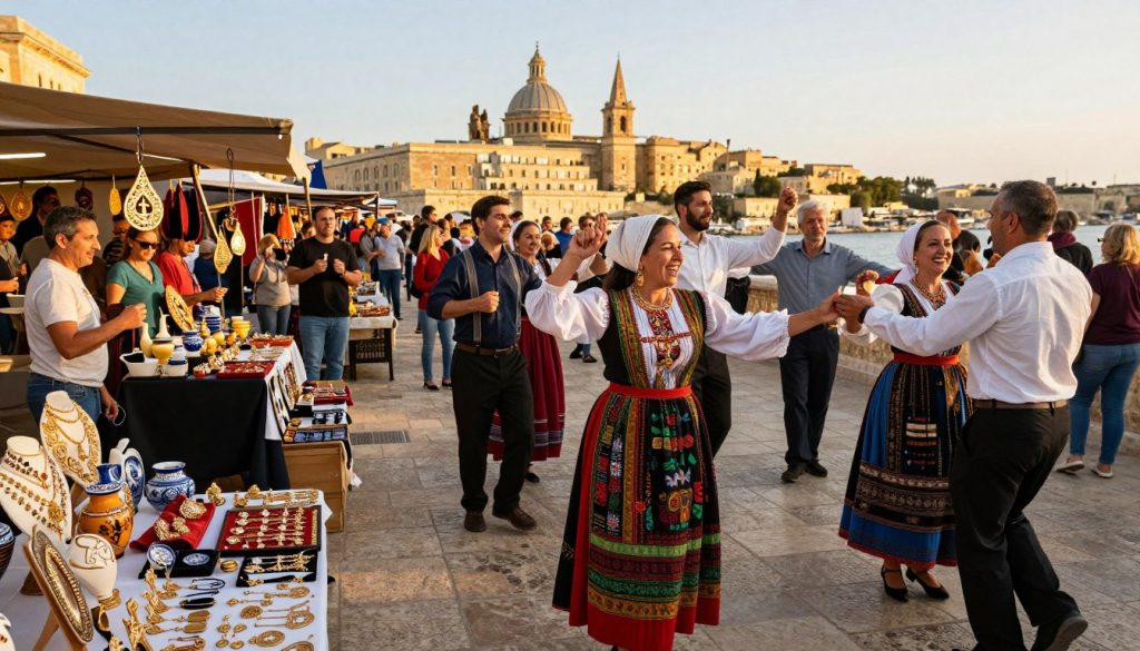 A vibrant scene capturing the essence of Maltese culture and traditions. In the foreground, a traditional Maltese woman wearing modest, colorful attire, gracefully leads a group of locals engaged in a folk dance, displaying expressive movements. In the middle ground, a bustling market stall showcases local crafts, such as intricately designed filigree jewelry and hand-painted pottery, surrounded by cheerful attendees. In the background, a picturesque view of Valletta’s historic architecture, with warm sunlight bathing the scene, creates a lively atmosphere. The soft golden hour lighting enhances the rich colors of the market and cultural displays, evoking a sense of warmth and community. The angle captures a slightly elevated perspective, giving a panoramic view of this vibrant cultural celebration. A vibrant scene capturing the essence of Maltese culture and traditions. In the foreground, a traditional Maltese woman wearing modest, colorful attire, gracefully leads a group of locals engaged in a folk dance, displaying expressive movements. In the middle ground, a bustling market stall showcases local crafts, such as intricately designed filigree jewelry and hand-painted pottery, surrounded by cheerful attendees. In the background, a picturesque view of Valletta’s historic architecture, with warm sunlight bathing the scene, creates a lively atmosphere. The soft golden hour lighting enhances the rich colors of the market and cultural displays, evoking a sense of warmth and community. The angle captures a slightly elevated perspective, giving a panoramic view of this vibrant cultural celebration.
