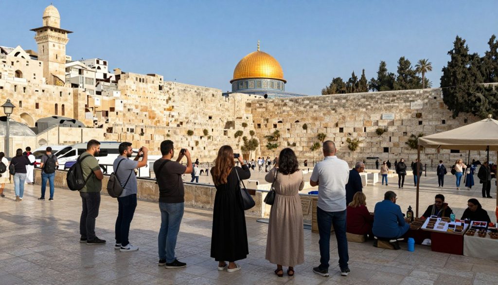A vibrant street scene in Jerusalem, showcasing iconic landmarks like the Western Wall and the Dome of the Rock, with tourists of diverse backgrounds exploring the area. In the foreground, a group of tourists, dressed in modest casual clothing, are taking photos and engaging with local vendors. The middle ground features people of various ages enjoying the cultural atmosphere, while the background reveals the ancient city&rsquo;s architecture under a clear blue sky. The sunlight casts soft shadows, creating a warm and inviting atmosphere, emphasizing the peaceful coexistence of cultures. Capture the essence of safety and exploration in a bustling yet serene environment, using a wide-angle lens to enhance the depth and life of the scene.