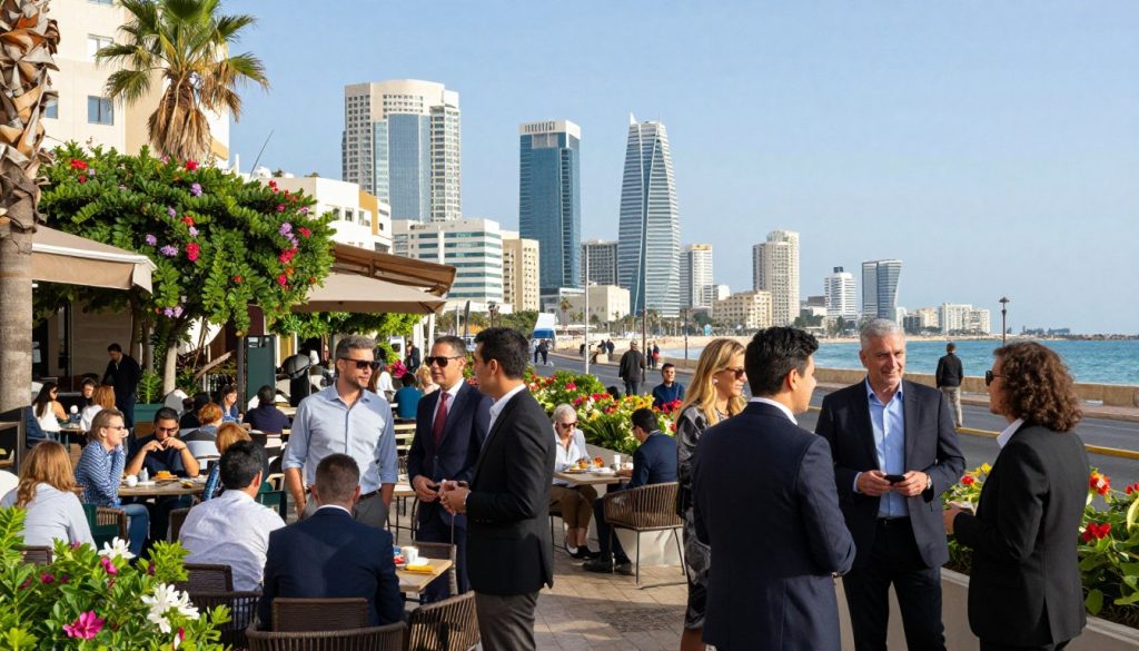 A vibrant street scene in Tel Aviv showcasing a blend of modern architecture and coastal views, reflecting a safe and inviting atmosphere. In the foreground, a diverse group of people in professional business attire engage in friendly conversation, appearing relaxed and confident. The middle ground features a bustling outdoor caf&eacute; with patrons enjoying their meals, surrounded by lush greenery and colorful flowers. In the background, iconic buildings like the Azrieli Towers rise against a clear blue sky, capturing the essence of urban life. Soft, natural lighting enhances the cheerful mood, while a wide-angle lens perspective emphasizes the city's lively streets and openness, invoking a sense of security and community within Tel Aviv.