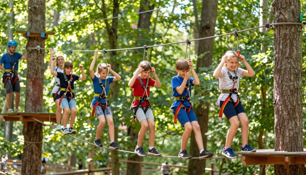 A vibrant summer day in a family-friendly adventure park in Murzasichle, showcasing a thrilling tree-top rope course designed for children. In the foreground, a group of smiling children, aged 6 to 10, are laughing as they navigate through colorful safety harnesses, skillfully climbing ropes and swinging on suspended bridges. In the middle ground, parents cheer and encourage their kids, creating an atmosphere of joy and excitement. The background reveals a lush green forest, with sunlight filtering through the leaves to create a dappled light effect. The scene is framed by tall trees, enhancing the adventurous spirit of the park. The angle captures the dynamic motion of the children, emphasizing their playful energy. Overall, the image radiates warmth, happiness, and the spirit of summer fun. A vibrant summer day in a family-friendly adventure park in Murzasichle, showcasing a thrilling tree-top rope course designed for children. In the foreground, a group of smiling children, aged 6 to 10, are laughing as they navigate through colorful safety harnesses, skillfully climbing ropes and swinging on suspended bridges. In the middle ground, parents cheer and encourage their kids, creating an atmosphere of joy and excitement. The background reveals a lush green forest, with sunlight filtering through the leaves to create a dappled light effect. The scene is framed by tall trees, enhancing the adventurous spirit of the park. The angle captures the dynamic motion of the children, emphasizing their playful energy. Overall, the image radiates warmth, happiness, and the spirit of summer fun.