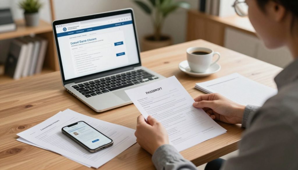 A well-organized desk scene depicting the process of handling a lost passport. In the foreground, a professional-looking individual in smart casual attire examines a passport application form, surrounded by necessary documents like identification and a phone displaying a government website. The middle layer features a laptop open with an online application portal visible, alongside a warm cup of coffee. In the background, a calm office environment with soft lighting casts a reassuring glow, with bookshelves and potted plants adding a touch of relaxation. The atmosphere conveys a sense of urgency matched with professionalism, emphasizing preparedness in case of lost documents. Use warm lighting to enhance the welcoming mood, and a slight top-down angle to capture all elements clearly. A well-organized desk scene depicting the process of handling a lost passport. In the foreground, a professional-looking individual in smart casual attire examines a passport application form, surrounded by necessary documents like identification and a phone displaying a government website. The middle layer features a laptop open with an online application portal visible, alongside a warm cup of coffee. In the background, a calm office environment with soft lighting casts a reassuring glow, with bookshelves and potted plants adding a touch of relaxation. The atmosphere conveys a sense of urgency matched with professionalism, emphasizing preparedness in case of lost documents. Use warm lighting to enhance the welcoming mood, and a slight top-down angle to capture all elements clearly.