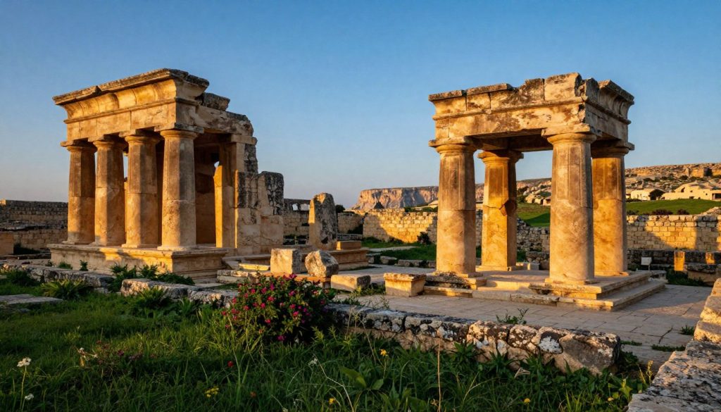 Ancient ruins of Malta, showcasing a rich history, with stone structures partially covered in vibrant green vegetation. In the foreground, an intricate megalithic temple with large, weathered stones, casting long shadows in the soft, golden light of sunset. The middle ground features remnants of ancient stone walls and pathways, surrounded by flowering plants and wild grasses. The background displays a clear, blue sky transitioning to twilight, with silhouettes of distant rocky cliffs on the horizon. The atmosphere is serene and contemplative, reflecting the grandeur of Malta's historical significance. Use a wide-angle lens to capture depth and detail, with warm, natural lighting to enhance the timeless beauty of the scene. Ancient ruins of Malta, showcasing a rich history, with stone structures partially covered in vibrant green vegetation. In the foreground, an intricate megalithic temple with large, weathered stones, casting long shadows in the soft, golden light of sunset. The middle ground features remnants of ancient stone walls and pathways, surrounded by flowering plants and wild grasses. The background displays a clear, blue sky transitioning to twilight, with silhouettes of distant rocky cliffs on the horizon. The atmosphere is serene and contemplative, reflecting the grandeur of Malta's historical significance. Use a wide-angle lens to capture depth and detail, with warm, natural lighting to enhance the timeless beauty of the scene.