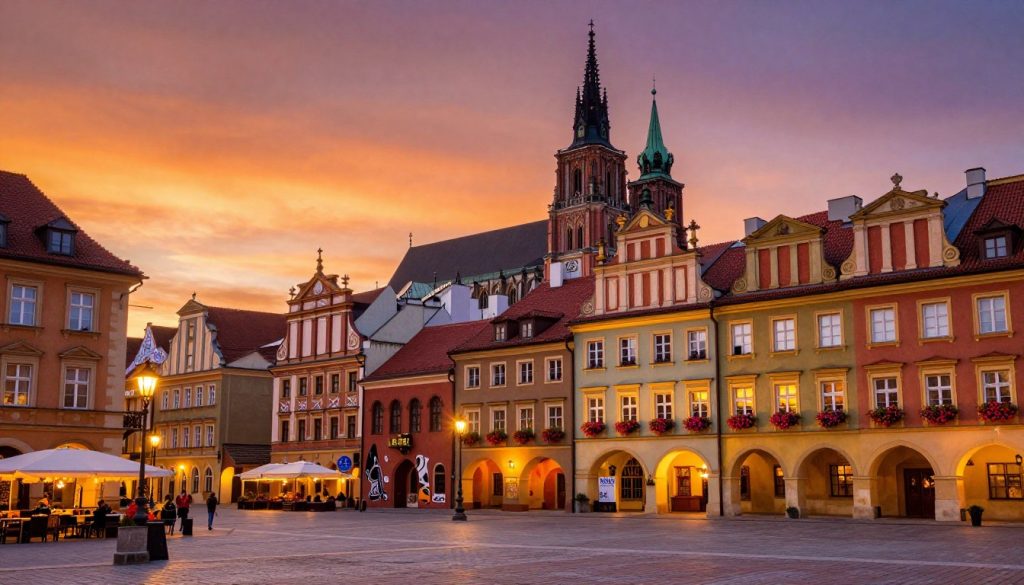 Enchanting tourist attractions in Poland showcasing unique places. In the foreground, a vibrant, illuminated view of the Wrocław Market Square at sunset, with colorful facades reflecting warm golden light. In the middle ground, ornate townhouses and quirky street art can be seen, adorned with lush flowers in window boxes. The background features a dramatic silhouette of the Gothic-style Wrocław Cathedral against a vivid orange and purple sky. The scene is captured with a wide-angle lens, creating depth and allowing the viewer to feel immersed in this lively atmosphere. The overall mood is enchanting and inviting, evoking curiosity about the remarkable experiences Poland has to offer. Enchanting tourist attractions in Poland showcasing unique places. In the foreground, a vibrant, illuminated view of the Wrocław Market Square at sunset, with colorful facades reflecting warm golden light. In the middle ground, ornate townhouses and quirky street art can be seen, adorned with lush flowers in window boxes. The background features a dramatic silhouette of the Gothic-style Wrocław Cathedral against a vivid orange and purple sky. The scene is captured with a wide-angle lens, creating depth and allowing the viewer to feel immersed in this lively atmosphere. The overall mood is enchanting and inviting, evoking curiosity about the remarkable experiences Poland has to offer.
