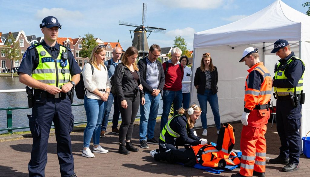 A Dutch emergency services scene showcasing police officers and paramedics in professional attire working together in a bustling city environment. In the foreground, a police officer in a uniform stands confidently, holding a radio, while a paramedic in a medical outfit attends to a simulated emergency in a first aid tent. In the middle ground, a diverse group of travelers, dressed in casual yet modest clothing, watches attentively, reflecting a mixture of concern and trust. The background features iconic Dutch architecture, such as canal houses and windmills, under a clear blue sky. Bright, natural lighting highlights the scene, creating an atmosphere of safety and cooperation, emphasizing the essential role of emergency services in ensuring traveler safety in the Netherlands. A Dutch emergency services scene showcasing police officers and paramedics in professional attire working together in a bustling city environment. In the foreground, a police officer in a uniform stands confidently, holding a radio, while a paramedic in a medical outfit attends to a simulated emergency in a first aid tent. In the middle ground, a diverse group of travelers, dressed in casual yet modest clothing, watches attentively, reflecting a mixture of concern and trust. The background features iconic Dutch architecture, such as canal houses and windmills, under a clear blue sky. Bright, natural lighting highlights the scene, creating an atmosphere of safety and cooperation, emphasizing the essential role of emergency services in ensuring traveler safety in the Netherlands.