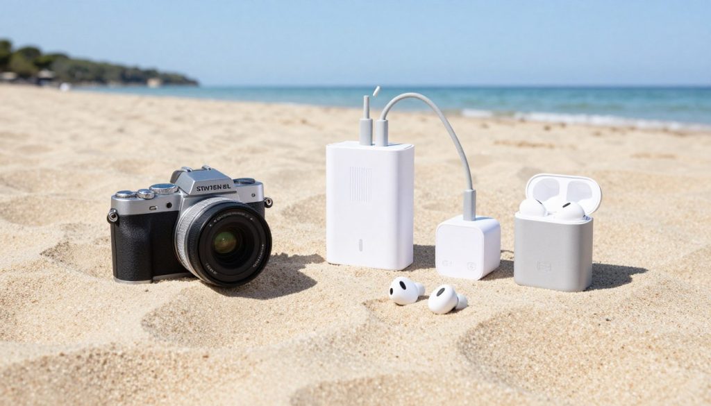 A beautifully arranged flat lay of essential electronic gadgets for a vacation in Croatia, featuring a compact camera, a portable charger, wireless earbuds, and a travel adapter. The items are neatly organized on a light sandy beach background with clear blue skies and gentle waves in the distance, creating a calm and inviting atmosphere. Soft, natural sunlight illuminates the scene, casting gentle shadows that add depth to the image. The angle is slightly elevated to capture all the devices clearly while emphasizing their travel-ready nature. The mood is relaxed and adventurous, perfect for inspiring readers to prepare for their upcoming trip while enjoying the beauty of Croatia.