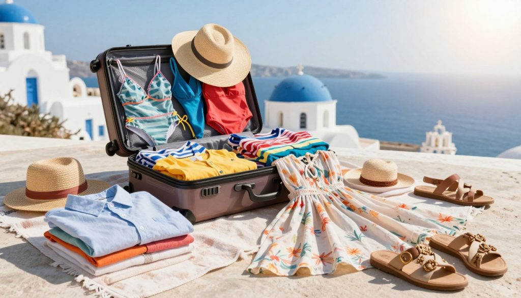 A beautifully arranged packing scene for a holiday in Greece, featuring a vibrant mix of summer clothing and footwear. In the foreground, neatly folded light cotton shirts, flowy dresses, and stylish sandals are artistically displayed on a soft beach towel. In the middle, an open suitcase showcases colorful swimsuits and a wide-brimmed hat, evoking a sense of adventure. The background features iconic Greek elements like blue and white buildings and a hint of the Aegean Sea under a bright, sunny sky. The image is well-lit with natural sunlight, giving a warm and inviting atmosphere. The overall composition exudes a joyful and carefree mood, perfect for a summer getaway.