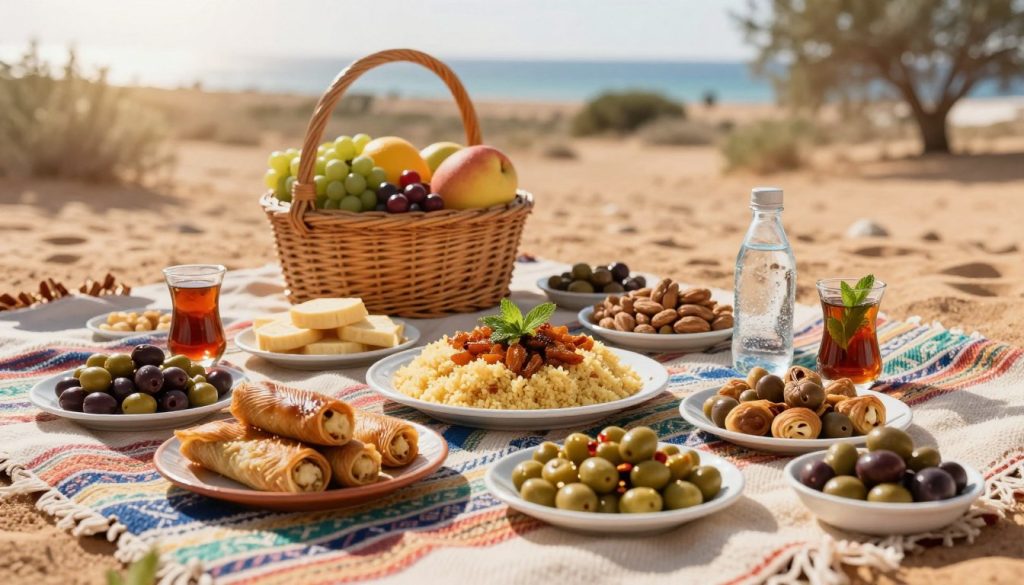 A beautifully arranged picnic spread featuring a variety of Tunisian snacks and beverages, set on a colorful woven blanket. In the foreground, display vibrant plates filled with traditional dishes such as brik, couscous, and olives, alongside refreshing drinks like mint tea and sparkling water. The middle ground includes a rustic wicker basket overflowing with fresh fruits and nuts, adding a touch of natural abundance. In the background, hint at a picturesque landscape of Tunisia's desert or coastal scenery, with soft sunlight filtering through, creating a warm and inviting atmosphere. Use a slightly elevated angle to capture the entire scene, with a sharp focus on the food items while maintaining a gentle bokeh effect on the background for a dreamy ambiance. A beautifully arranged picnic spread featuring a variety of Tunisian snacks and beverages, set on a colorful woven blanket. In the foreground, display vibrant plates filled with traditional dishes such as brik, couscous, and olives, alongside refreshing drinks like mint tea and sparkling water. The middle ground includes a rustic wicker basket overflowing with fresh fruits and nuts, adding a touch of natural abundance. In the background, hint at a picturesque landscape of Tunisia's desert or coastal scenery, with soft sunlight filtering through, creating a warm and inviting atmosphere. Use a slightly elevated angle to capture the entire scene, with a sharp focus on the food items while maintaining a gentle bokeh effect on the background for a dreamy ambiance.