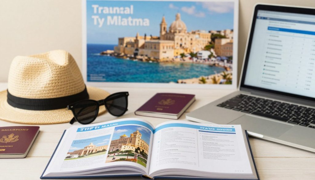A beautifully organized travel planning scene for a trip to Malta, emphasizing practical tips before departure. In the foreground, a neatly spread travel guidebook open to a vibrant page featuring Maltese landmarks, alongside a laptop displaying flight options. In the middle, scattered travel essentials like a sun hat, sunglasses, and a passport are arranged artistically. The background showcases a cheerful travel poster of Malta with its iconic blue sea and historic architecture. Soft, warm lighting creates a welcoming atmosphere, hinting at sunshine and relaxation. Use a shallow depth of field to emphasize the travel items while subtly blurring the background. The overall mood is excited and optimistic, perfect for capturing the anticipation of a sunny Mediterranean getaway.