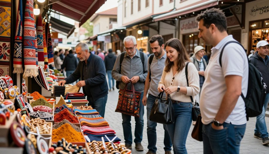 A bustling Turkish bazaar in the foreground, showcasing vibrant stalls filled with colorful textiles, spices, and handcrafted goods. A diverse group of people, including Polish tourists wearing modest casual clothing, engage with local vendors, showcasing a friendly atmosphere. In the middle ground, a few individuals are seen securing their personal belongings, such as bags and wallets, emphasizing personal safety. The background features traditional Turkish architecture and lively market activity, bathed in warm, natural lighting to evoke a sense of cultural richness. The scene captures a sense of vigilance and community, with smiling faces and a pleasant ambiance, highlighting the importance of personal security in public spaces. Use a wide-angle lens to encompass the vibrancy of the market scene, focusing on the interactions and sense of safety among the people.
