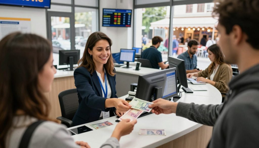 A bustling currency exchange office in Bosnia, featuring a well-organized counter where a professional clerk assists diverse customers exchanging money. In the foreground, focus on a friendly woman in business attire handing over Bosnian convertible marks to a customer. The middle ground includes modern exchange desks adorned with currency exchange rates displayed on screens. The background shows large windows letting in natural light, framing a scenic view of a vibrant street filled with people and vendors. The atmosphere is energetic yet welcoming, with warm lighting that enhances the friendly interaction. Capture this scene from a slightly elevated angle to provide a comprehensive view of the exchange environment, emphasizing the bustling nature of the locale. A bustling currency exchange office in Bosnia, featuring a well-organized counter where a professional clerk assists diverse customers exchanging money. In the foreground, focus on a friendly woman in business attire handing over Bosnian convertible marks to a customer. The middle ground includes modern exchange desks adorned with currency exchange rates displayed on screens. The background shows large windows letting in natural light, framing a scenic view of a vibrant street filled with people and vendors. The atmosphere is energetic yet welcoming, with warm lighting that enhances the friendly interaction. Capture this scene from a slightly elevated angle to provide a comprehensive view of the exchange environment, emphasizing the bustling nature of the locale.