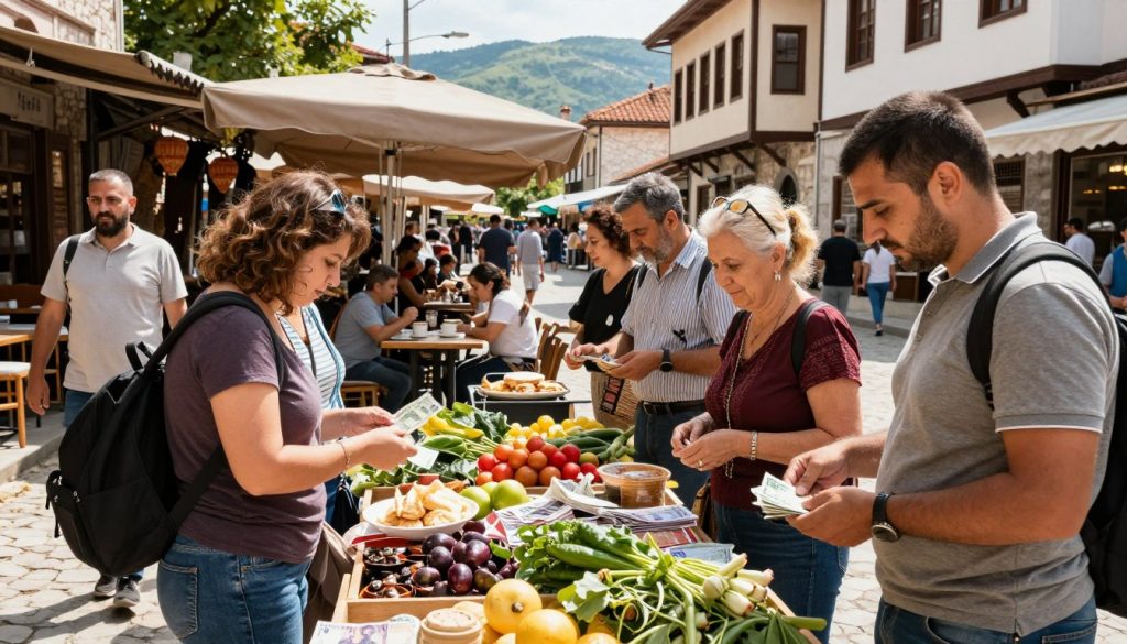 A bustling street scene in Bosnia and Herzegovina, depicting daily life intertwined with the local currency, the convertible mark. In the foreground, a diverse group of individuals shopping at an outdoor market, dressed in modest casual clothing, interacting with vendors. Fresh produce and traditional items are displayed prominently, showcasing cultural nuances. In the middle ground, a quaint café with people enjoying coffee and pastries, adding to the lively atmosphere. The background features historic architecture, with rolling hills in the distance under a bright, sunny sky. Warm, natural lighting creates a welcoming ambiance. The scene captures the essence of everyday expenditures and the importance of currency in daily life, evoking a sense of community and connection. A bustling street scene in Bosnia and Herzegovina, depicting daily life intertwined with the local currency, the convertible mark. In the foreground, a diverse group of individuals shopping at an outdoor market, dressed in modest casual clothing, interacting with vendors. Fresh produce and traditional items are displayed prominently, showcasing cultural nuances. In the middle ground, a quaint café with people enjoying coffee and pastries, adding to the lively atmosphere. The background features historic architecture, with rolling hills in the distance under a bright, sunny sky. Warm, natural lighting creates a welcoming ambiance. The scene captures the essence of everyday expenditures and the importance of currency in daily life, evoking a sense of community and connection.