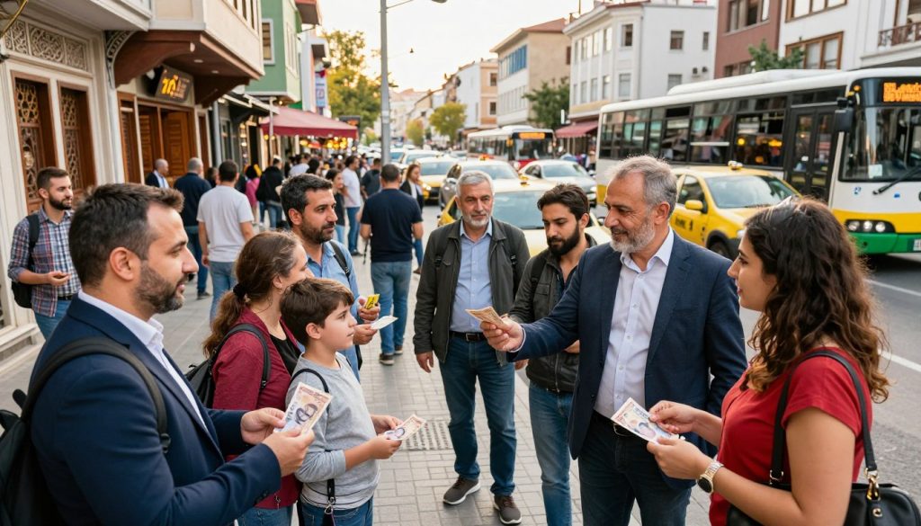 A bustling street scene in Turkey, showcasing a vibrant taxicab waiting area. In the foreground, a friendly taxi driver in smart casual attire greets a diverse group of passengers, including a family, a businessman, and a couple, who are engaging in conversation. They are holding small denominations of Turkish lira, illustrating the custom of tipping. In the middle ground, traditional Turkish architecture can be seen, with ornate buildings and bustling people going about their day. The background features a busy street with public transport options, such as buses and trams, all under bright, warm sunlight that creates a welcoming atmosphere. Use a slightly elevated angle to capture the dynamic interactions and lively urban vibe, focusing on the warmth of human connection and cultural practices. A bustling street scene in Turkey, showcasing a vibrant taxicab waiting area. In the foreground, a friendly taxi driver in smart casual attire greets a diverse group of passengers, including a family, a businessman, and a couple, who are engaging in conversation. They are holding small denominations of Turkish lira, illustrating the custom of tipping. In the middle ground, traditional Turkish architecture can be seen, with ornate buildings and bustling people going about their day. The background features a busy street with public transport options, such as buses and trams, all under bright, warm sunlight that creates a welcoming atmosphere. Use a slightly elevated angle to capture the dynamic interactions and lively urban vibe, focusing on the warmth of human connection and cultural practices.