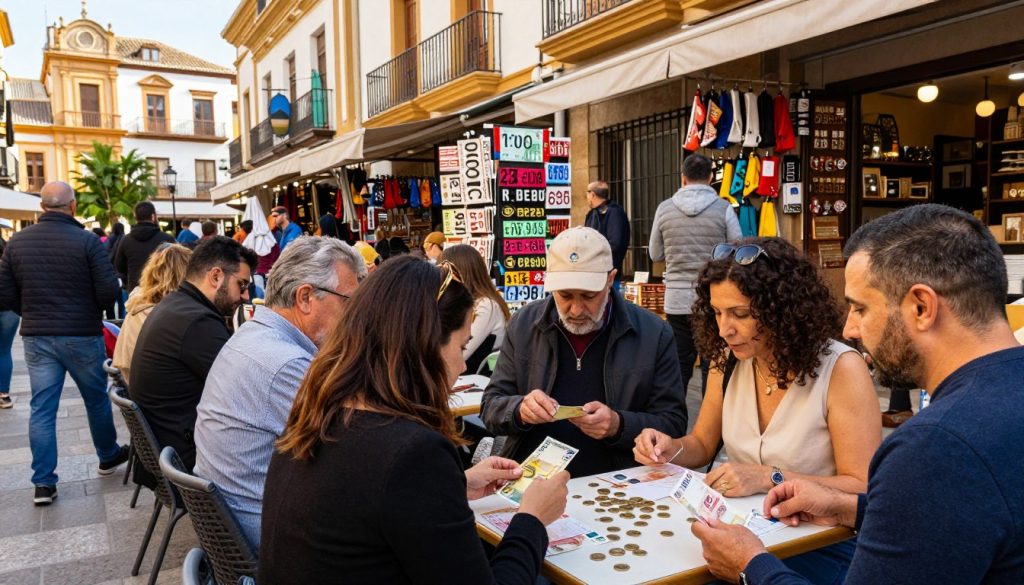 A bustling street scene in a popular tourist area of Spain, filled with people interacting in various ways with Euro currency. In the foreground, a diverse group of tourists, dressed in smart casual attire, are examining menus at a café table adorned with Euro coins. In the middle ground, a street vendor displays items priced in euros, showcasing colorful local crafts and souvenirs. The background features iconic Spanish architecture typical of historic Spanish towns, with warm sunlight illuminating the scene. The atmosphere is lively and inviting, capturing the essence of a vibrant marketplace. The image should reflect a sense of excitement about exploring currency usage in Spain, with clear details and a warm, welcoming feel. A bustling street scene in a popular tourist area of Spain, filled with people interacting in various ways with Euro currency. In the foreground, a diverse group of tourists, dressed in smart casual attire, are examining menus at a café table adorned with Euro coins. In the middle ground, a street vendor displays items priced in euros, showcasing colorful local crafts and souvenirs. The background features iconic Spanish architecture typical of historic Spanish towns, with warm sunlight illuminating the scene. The atmosphere is lively and inviting, capturing the essence of a vibrant marketplace. The image should reflect a sense of excitement about exploring currency usage in Spain, with clear details and a warm, welcoming feel.