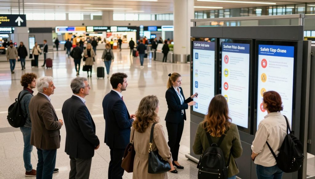 A busy airport scene in Turkey showcasing safety tips for travelers. In the foreground, a diverse group of travelers of different ages dressed in professional business attire and modest casual clothing are engaging with an informative digital display board that features safety guidelines. In the middle ground, airport staff are assisting passengers, creating a sense of order and efficiency, while the background reveals a bustling terminal filled with people and luggage. Bright, warm lighting illuminates the scene, enhancing the atmosphere of alertness and caution. The angle is slightly elevated to capture the entire layout of the airport and the interactions among travelers and staff. The mood is focused and informative, reflecting the importance of safety during travels.