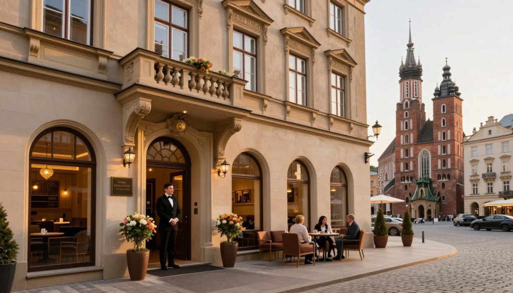 A charming hotel with a historical facade, located in the heart of Krakow, showcases elegant architecture reminiscent of the early 2000s. In the foreground, a well-maintained entrance features a welcoming doorman in professional attire and flower arrangements flanking the doorway. The middle ground reveals a cozy lobby with refined furnishings, warm lighting, and guests engaging in conversation. In the background, a glimpse of the vibrant Krakow street scene, with cobblestone streets and stunning medieval buildings, enhances the atmosphere. Soft golden hour sunlight bathes the scene in a warm glow, creating an inviting and tranquil mood. The image captures the essence of hospitality in a culturally rich city, ideal for travelers seeking memorable accommodations. A charming hotel with a historical facade, located in the heart of Krakow, showcases elegant architecture reminiscent of the early 2000s. In the foreground, a well-maintained entrance features a welcoming doorman in professional attire and flower arrangements flanking the doorway. The middle ground reveals a cozy lobby with refined furnishings, warm lighting, and guests engaging in conversation. In the background, a glimpse of the vibrant Krakow street scene, with cobblestone streets and stunning medieval buildings, enhances the atmosphere. Soft golden hour sunlight bathes the scene in a warm glow, creating an inviting and tranquil mood. The image captures the essence of hospitality in a culturally rich city, ideal for travelers seeking memorable accommodations.