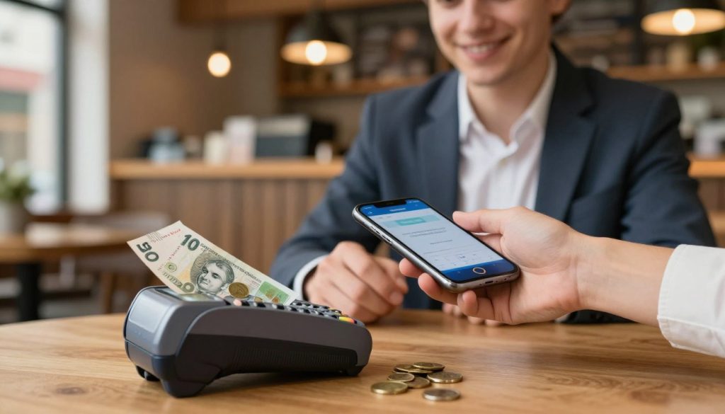 A close-up of a digital payment transaction taking place in a modern Czech caf&eacute;, featuring a hand holding a smartphone displaying a payment app. In the foreground, a sleek contactless payment terminal rests on a wooden table, emphasizing cashless payments. In the middle, a stylishly dressed young professional, in smart casual attire, is using the smartphone to complete the transaction, with a look of focus and satisfaction. The background showcases the caf&eacute;'s warm ambiance, with wooden accents and soft, ambient lighting creating a welcoming atmosphere. An array of Czech koruna banknotes and coins are subtly placed to symbolize currency without detracting from the main focus on digital payments. The scene captures a sense of innovation and modernity in financial transactions, highlighting the shift towards cashless payment methods in the Czech Republic.