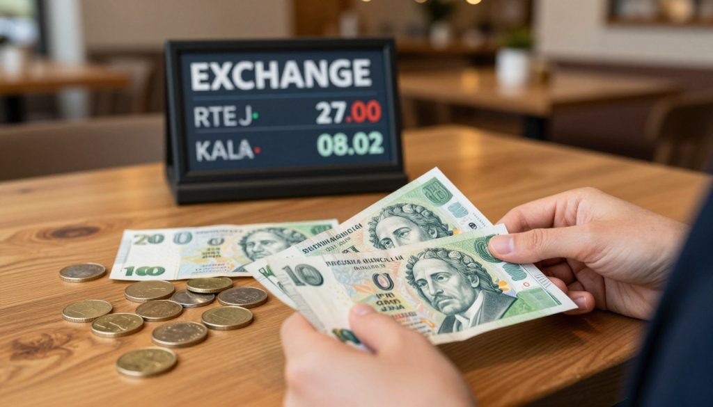 A close-up view of a Czech koruna banknote and coins spread out on a wooden tabletop, with a currency exchange sign in the background displaying the exchange rates. In the foreground, a business person in professional attire is examining the banknotes, adding a sense of realism and context. The lighting is warm and inviting, capturing a cozy atmosphere typical of a travel scene. The background shows a cozy caf&eacute; with soft lighting, hinting at the culture of the Czech Republic. The camera angle is slightly above eye level, emphasizing the details of the currency while providing a glimpse of the caf&eacute; setting. The overall mood is friendly and informative, perfect for travel enthusiasts.