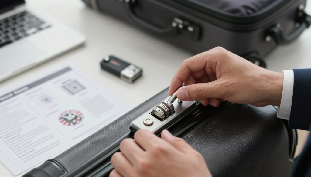 A close-up view of a suitcase lock being reset. In the foreground, a hand wearing a professional business attire carefully turns a series of dials on a modern suitcase lock, showcasing the resetting process. The middle ground features a neatly organized workspace with instruction sheets and a small toolkit, emphasizing a step-by-step approach. The background includes a blurred image of a travel bag and a laptop, hinting at travel preparations. Soft, diffused lighting illuminates the scene, creating a calm, focused atmosphere. The angle is slightly above eye level, providing a clear view of the lock mechanism. The overall mood is professional and informative, ideal for illustrating common mistakes when resetting a suitcase code.