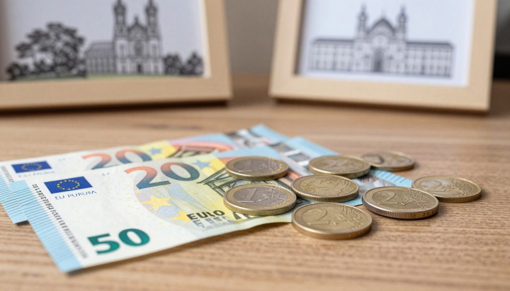 A close-up view of various Euro banknotes and coins from Austria, carefully arranged on a textured wooden surface. In the foreground, display a crisp &euro;50 and &euro;20 banknote, their intricate designs and security features clearly visible. Next to the banknotes, showcase a variety of Euro coins, including 1 and 2 Euro coins, glistening in natural light. In the middle ground, blur a softly illuminated desk with subtle Austrian-themed decor, adding context without distraction. The background features a faint outline of Vienna's iconic architecture, establishing the setting. Aim for a warm, inviting atmosphere that reflects the stability and charm of the Euro currency in Austria, captured with soft lighting to enhance the scene's richness.