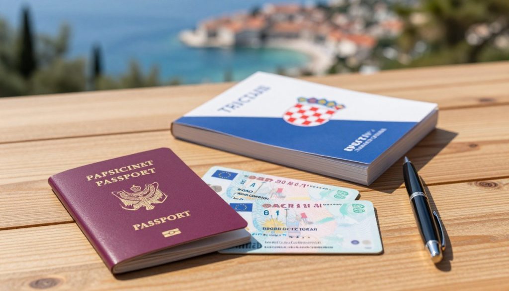 A collection of essential travel documents laid out on a wooden table, featuring a vibrant Croatian landscape as the backdrop. In the foreground, a neatly arranged passport, together with an EU identity card, both displaying subtle details of their covers. An elegant pen rests beside them, hinting at preparation and formality. In the middle ground, a travel guidebook about Croatia is slightly open, adding an informative touch to the scene. The background showcases a blurred image of a sunny Croatian coastline, evoking a sense of adventure. Soft, natural lighting illuminates the documents, casting gentle shadows that create a calming atmosphere, inviting viewers to prepare for their journey.