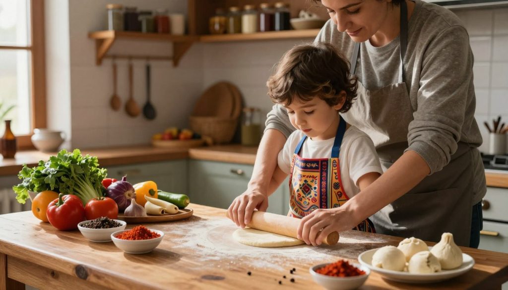 A cozy Turkish kitchen scene featuring a child and a parent engaging in cooking activities together. In the foreground, the child, dressed in a modest, colorful apron, is carefully rolling dough for traditional Turkish pastries, while the parent, wearing casual attire, assists by guiding their hands. In the middle, an array of vibrant ingredients like fresh vegetables, spices, and dough are artfully arranged on a rustic wooden countertop. The kitchen is warmly lit with soft sunlight streaming through a window, casting gentle shadows. In the background, shelves adorn with spices and cooking tools showcase the rich culinary tradition of Turkey. The overall atmosphere is warm, inviting, and filled with joy, capturing a family moment centered around cooking and sharing the delights of Turkish cuisine.