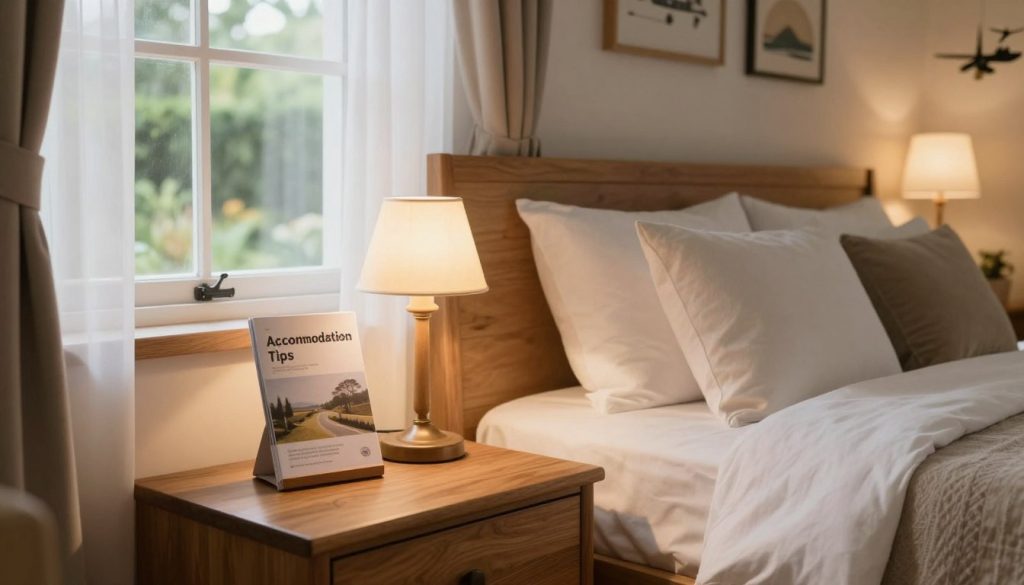 A cozy, inviting interior of a well-furnished guest room, showcasing a neatly made bed with plush pillows and soft linens, a stylish wooden nightstand with a small lamp casting warm light. In the foreground, a brochure titled "Accommodation Tips" is placed on the nightstand. The middle ground features a window with sheer curtains, letting in soft, natural light and revealing a serene view of a garden outside. In the background, a decorative wall with travel-themed artwork enhances the atmosphere. The scene is warm and welcoming, aimed at evoking a sense of comfort and peace, perfect for travelers seeking accommodation advice. The image is captured with a soft focus effect, creating a tranquil mood reminiscent of a peaceful getaway.