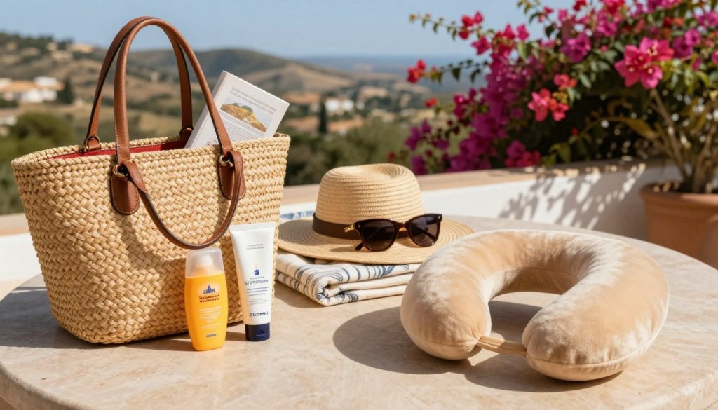 A cozy travel scene set in Spain, highlighting essential travel accessories and skincare items for comfort during journeys. In the foreground, a stylish woven beach bag filled with sunscreen, a travel-size moisturizer, and a comfortable neck pillow. The middle ground features a sun hat, sunglasses resting on a folded travel blanket, and a novel peeking out. In the background, a picturesque Spanish landscape with soft hills and vibrant bougainvillea under a clear blue sky. Warm, natural lighting enhances the relaxed atmosphere, evoking a sense of peaceful wanderlust. The scene is shot from a slightly elevated angle, to capture the arrangement of accessories artistically laid out on a sun-drenched outdoor table.