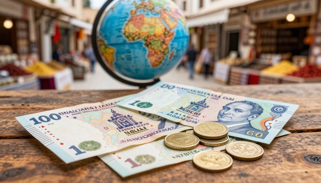 A detailed arrangement of Tunisian currency, including both banknotes and coins, beautifully displayed on a rustic wooden table. In the foreground, focus on a stack of vibrant, colorful dinar banknotes with intricate designs, alongside shiny Tunisian coins showcasing unique patterns and symbols. The middle ground features a softly lit globe indicating Tunisia's location, emphasizing the travel aspect. In the background, a gently blurred view of a traditional Tunisian market scene, with stalls selling local crafts and spices, to create an authentic atmosphere. The lighting is warm and inviting, suggesting a sunny afternoon, while the angle is slightly top-down, allowing a full view of the currency. The overall mood conveys excitement and curiosity for travelers exploring Tunisia. A detailed arrangement of Tunisian currency, including both banknotes and coins, beautifully displayed on a rustic wooden table. In the foreground, focus on a stack of vibrant, colorful dinar banknotes with intricate designs, alongside shiny Tunisian coins showcasing unique patterns and symbols. The middle ground features a softly lit globe indicating Tunisia's location, emphasizing the travel aspect. In the background, a gently blurred view of a traditional Tunisian market scene, with stalls selling local crafts and spices, to create an authentic atmosphere. The lighting is warm and inviting, suggesting a sunny afternoon, while the angle is slightly top-down, allowing a full view of the currency. The overall mood conveys excitement and curiosity for travelers exploring Tunisia.