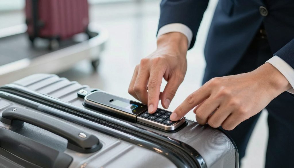 A detailed close-up image illustrating a step-by-step guide for resetting a suitcase code. In the foreground, a sleek, modern suitcase is open, showing a clear digital lock with a numeric keypad, its display lit up. The middle area features a hands-on demonstration: a pair of hands, clad in professional business attire, are manipulating the lock, carefully pressing the buttons in sequence. The background includes a simple, soft-focus environment that resembles an airport or travel setting, with a hint of blurred luggage on a carousel. The lighting is bright and inviting, creating a sense of clarity and ease. The overall atmosphere is professional and instructional, focusing on guiding the user through the reset process effectively.