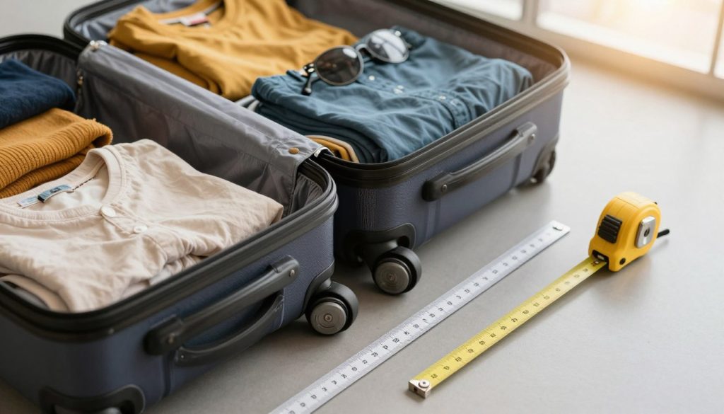 A detailed composition showcasing a standard carry-on suitcase next to a ruler for scale, emphasizing the proper measurement techniques for luggage. In the foreground, the suitcase is open, revealing neatly packed clothing and travel accessories. The middle ground features a clear ruler placed horizontally alongside the suitcase to illustrate its dimensions, with a tape measure draped nearby. In the background, a softly blurred airport setting hints at travel, with soft, warm lighting creating a welcoming atmosphere. The scene is shot from a slight aerial angle, highlighting the suitcase's features and emphasizing its size in relation to common travel items. Overall, the mood is informative and professional, perfect for an article about choosing the right suitcase size. A detailed composition showcasing a standard carry-on suitcase next to a ruler for scale, emphasizing the proper measurement techniques for luggage. In the foreground, the suitcase is open, revealing neatly packed clothing and travel accessories. The middle ground features a clear ruler placed horizontally alongside the suitcase to illustrate its dimensions, with a tape measure draped nearby. In the background, a softly blurred airport setting hints at travel, with soft, warm lighting creating a welcoming atmosphere. The scene is shot from a slight aerial angle, highlighting the suitcase's features and emphasizing its size in relation to common travel items. Overall, the mood is informative and professional, perfect for an article about choosing the right suitcase size.