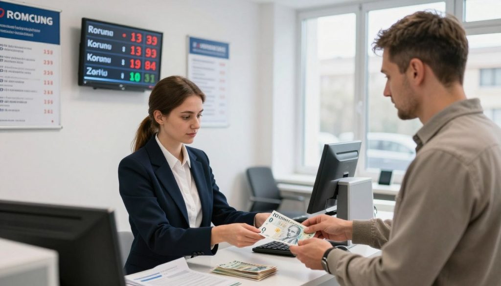 A detailed currency exchange scene set in a Polish currency exchange office, in the foreground a professional-looking currency exchange clerk, dressed in business attire, assisting a customer with the Czech koruna. The customer, a middle-aged man in modest casual clothing, is studying an exchange rate display board showing Czech koruna to Polish złoty conversion rates. In the middle-ground, a clean and modern interior of the office includes informational posters about currency exchange rates on the walls. The background features a large window allowing soft, natural daylight to illuminate the scene, creating a welcoming atmosphere. The composition is captured from a slightly elevated angle to provide a comprehensive view of the office space, evoking a sense of professionalism and trust.