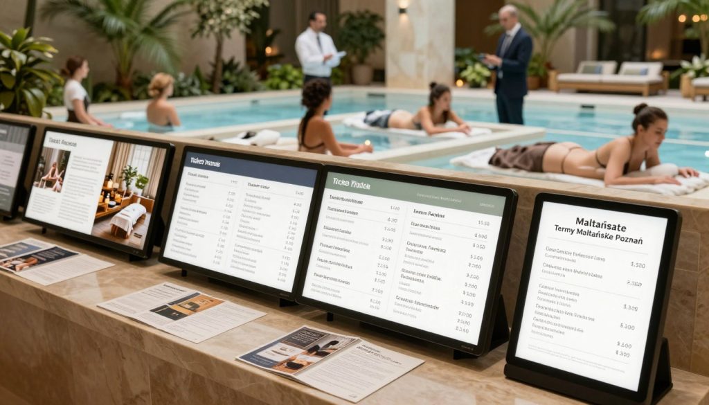 A detailed display of the ticket pricing for Termy Maltańskie in Poznań, designed for a luxurious spa atmosphere. In the foreground, showcase elegant, modern digital screens or brochures highlighting the various services and attractions available, with clarity on price points. The middle layer features the serene and inviting spa environment, with patrons in professional business attire or modest casual clothing enjoying relaxation and wellness activities such as thermal baths and massages. In the background, capture lush greenery and calming water features, bathed in soft, natural lighting to evoke a tranquil mood. The scene is shot from a slightly elevated angle to provide an expansive view of the complex, emphasizing both sophistication and serenity, without any text or overlays present.
