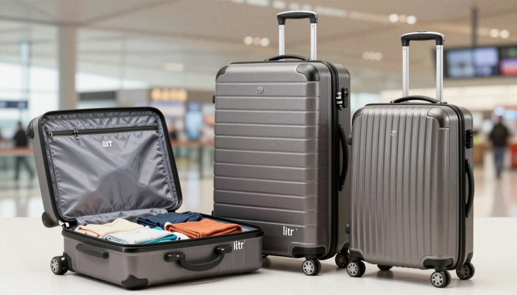 A detailed illustration of three different suitcases arranged in a visually appealing layout, with varying sizes to emphasize their dimensions in liters. In the foreground, a medium-sized suitcase is partially open, revealing neatly packed clothes inside to suggest its capacity. In the middle, a larger suitcase stands upright, showcasing its height and depth, next to a smaller cabin-sized suitcase, demonstrating the contrast in size. The background features a soft, blurred airport terminal setting with warm, inviting lighting, creating a travel-inspired atmosphere. Use a shallow depth of field to focus on the suitcases, capturing their textures and materials, such as hard-shell and soft fabric. Aim for a polished, professional look suitable for an informative article on luggage dimensions and capacity. A detailed illustration of three different suitcases arranged in a visually appealing layout, with varying sizes to emphasize their dimensions in liters. In the foreground, a medium-sized suitcase is partially open, revealing neatly packed clothes inside to suggest its capacity. In the middle, a larger suitcase stands upright, showcasing its height and depth, next to a smaller cabin-sized suitcase, demonstrating the contrast in size. The background features a soft, blurred airport terminal setting with warm, inviting lighting, creating a travel-inspired atmosphere. Use a shallow depth of field to focus on the suitcases, capturing their textures and materials, such as hard-shell and soft fabric. Aim for a polished, professional look suitable for an informative article on luggage dimensions and capacity.