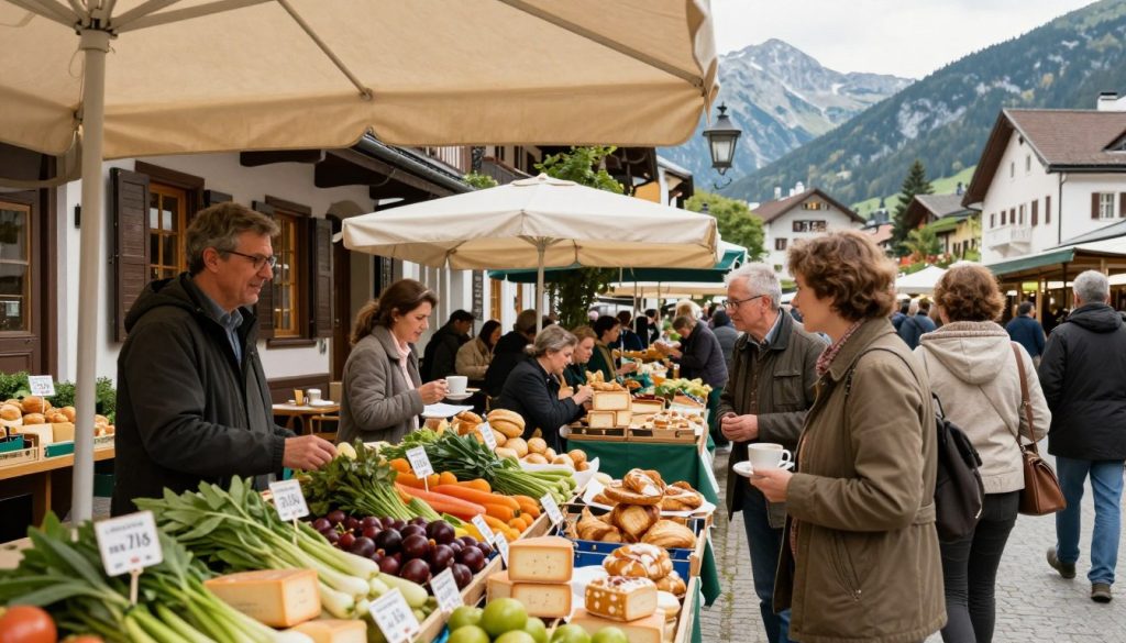 A detailed view of everyday life in Austria, showcasing typical costs and living expenses. In the foreground, a busy market scene with vendors selling fresh produce, local cheeses, and baked goods. Individuals dressed in smart, casual attire are interacting, symbolizing a vibrant community. The middle ground features a traditional Austrian caf&eacute; with patrons enjoying coffee and pastries, highlighting food prices. In the background, picturesque Austrian architecture and mountains create a stunning landscape under soft, natural light, evoking a serene ambiance. Camera angle is slightly elevated, capturing the hustle and bustle while maintaining focus on day-to-day life. The atmosphere is warm and inviting, reflecting the essence of living in Austria.